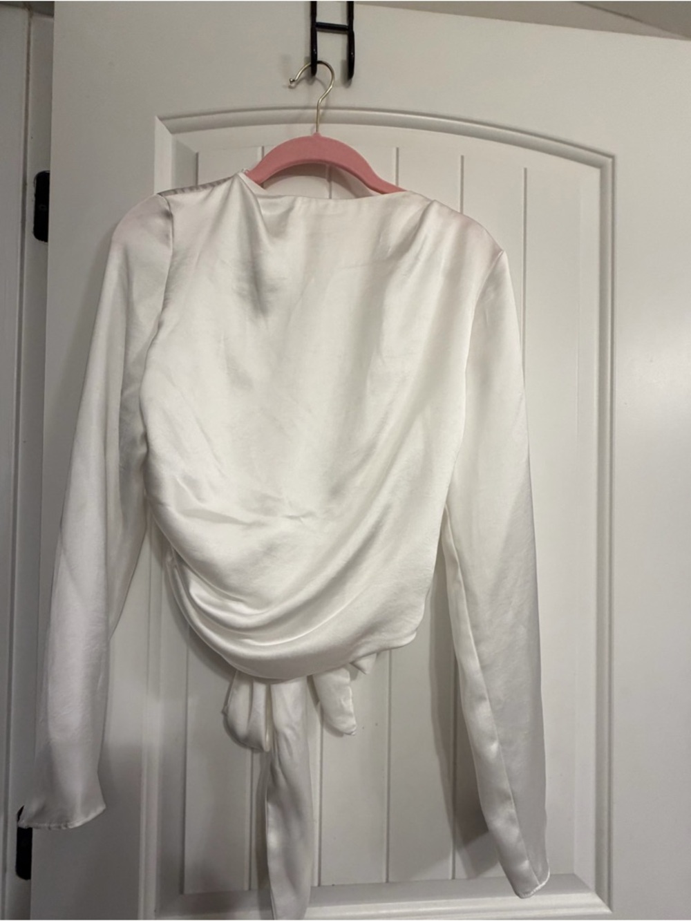 Satin White Long-Sleeve Draped Tie-Back Blouse